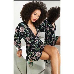 Asos Beaded Wrap Mini Dress Size 6 Black Floral Sequins Party Event Date Night